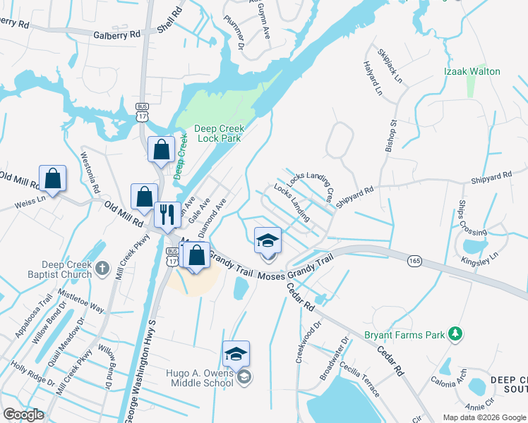 map of restaurants, bars, coffee shops, grocery stores, and more near 2453 Locks Landing in Chesapeake