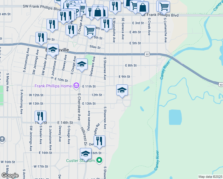 map of restaurants, bars, coffee shops, grocery stores, and more near 623 East 11th Street in Bartlesville