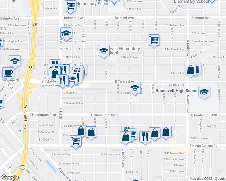 map of restaurants, bars, coffee shops, grocery stores, and more near 3535 East Platt Avenue in Fresno