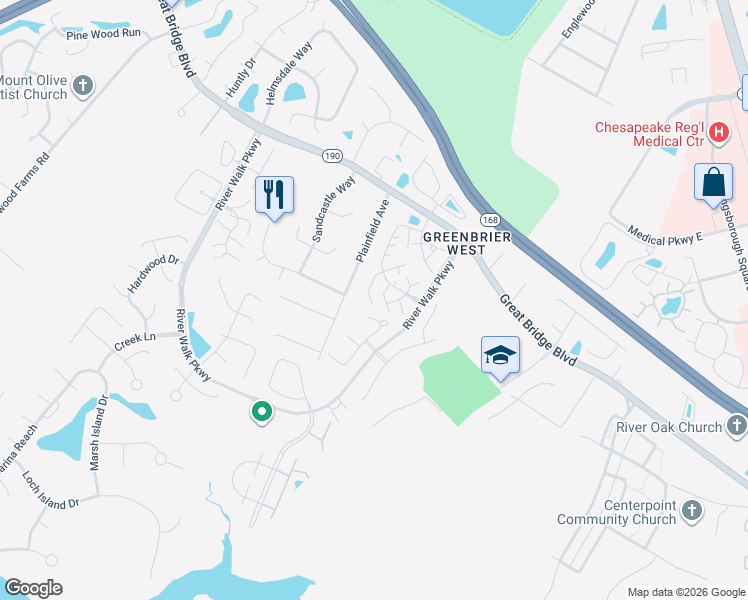map of restaurants, bars, coffee shops, grocery stores, and more near 600 Primrose Lane in Chesapeake