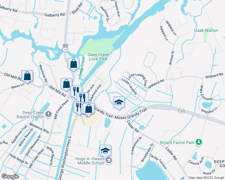 map of restaurants, bars, coffee shops, grocery stores, and more near 2848 Cedar Cove Lane in Chesapeake