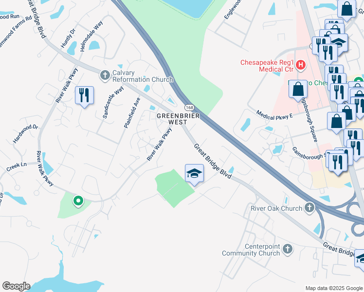 map of restaurants, bars, coffee shops, grocery stores, and more near 516 Great Bridge Boulevard in Chesapeake