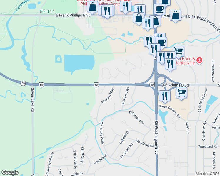 map of restaurants, bars, coffee shops, grocery stores, and more near 700 Winding Way in Bartlesville