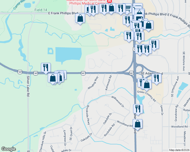 map of restaurants, bars, coffee shops, grocery stores, and more near 700 Winding Way in Bartlesville