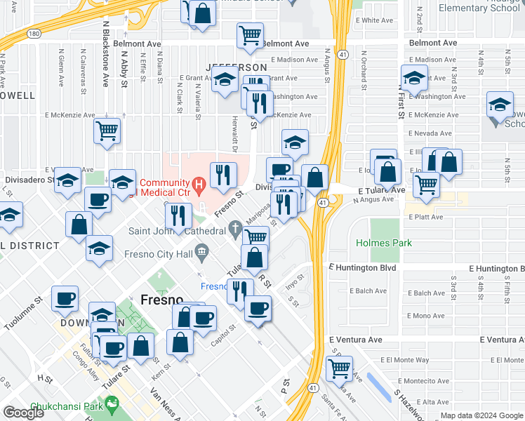 map of restaurants, bars, coffee shops, grocery stores, and more near T Street in Fresno