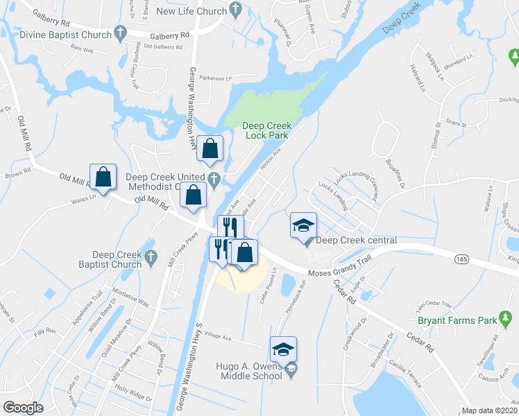 map of restaurants, bars, coffee shops, grocery stores, and more near 113 Diamond Avenue in Chesapeake