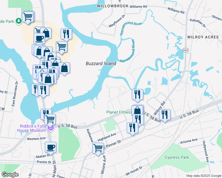 map of restaurants, bars, coffee shops, grocery stores, and more near 135 River Point Drive in Suffolk