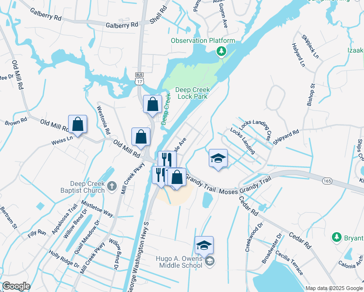 map of restaurants, bars, coffee shops, grocery stores, and more near 114 Gale Avenue in Chesapeake