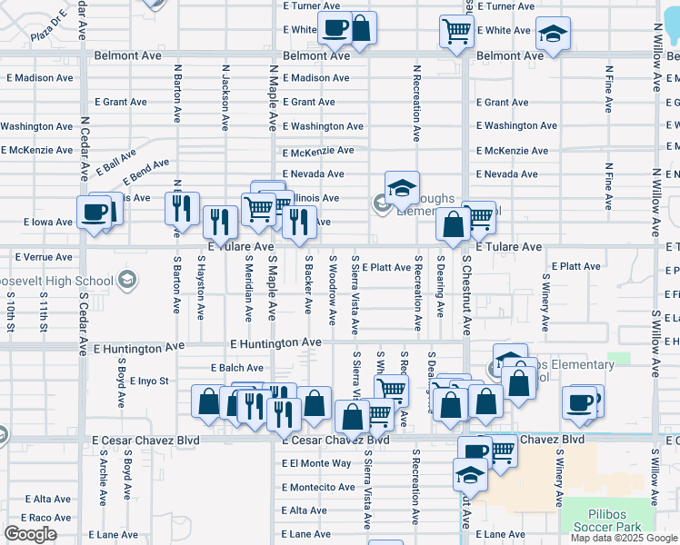 map of restaurants, bars, coffee shops, grocery stores, and more near 132 South Sierra Vista Avenue in Fresno