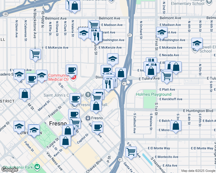 map of restaurants, bars, coffee shops, grocery stores, and more near 1039 U Street in Fresno