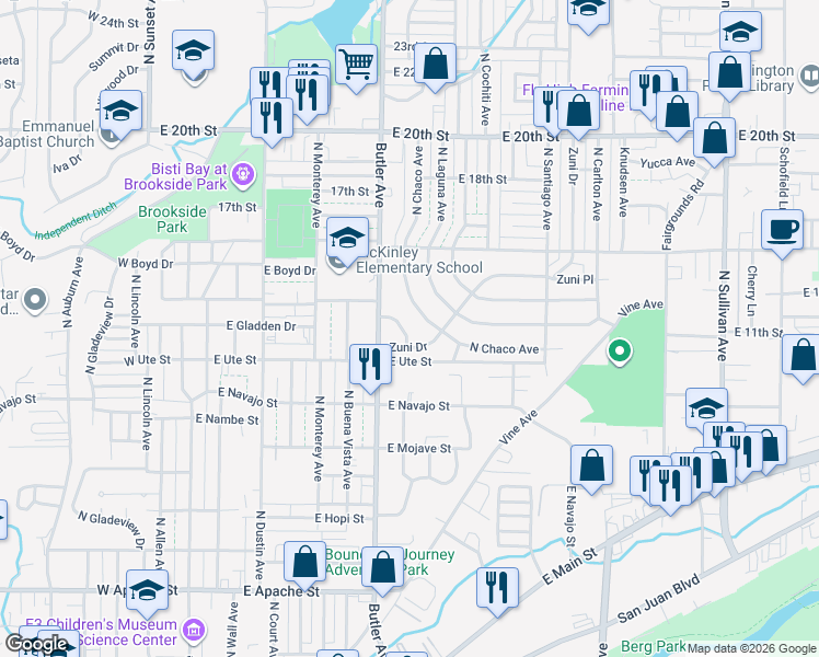 map of restaurants, bars, coffee shops, grocery stores, and more near 1213 North Chaco Avenue in Farmington