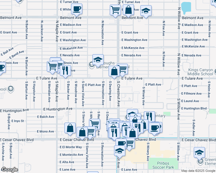 map of restaurants, bars, coffee shops, grocery stores, and more near 143 South Dearing Avenue in Fresno
