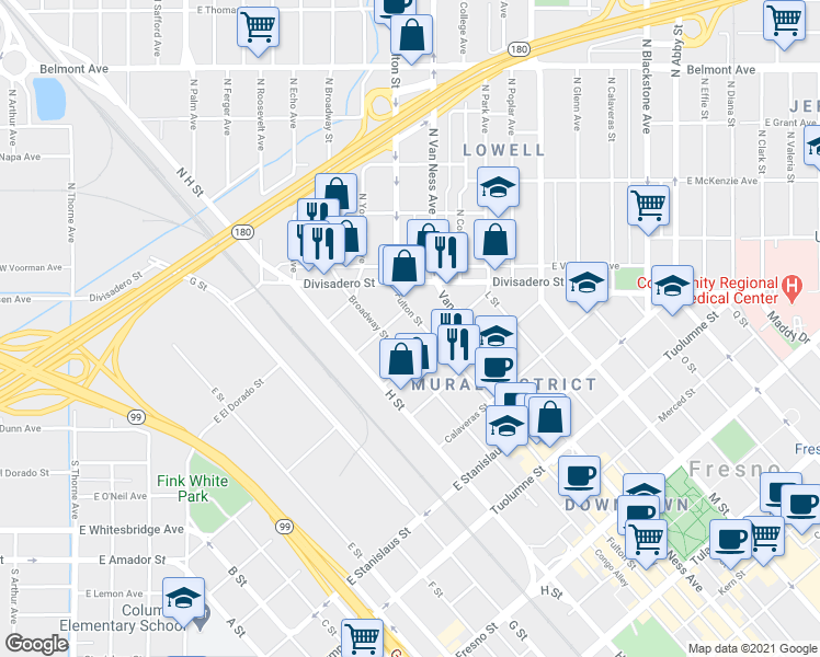 map of restaurants, bars, coffee shops, grocery stores, and more near 105 Sacramento Street in Fresno