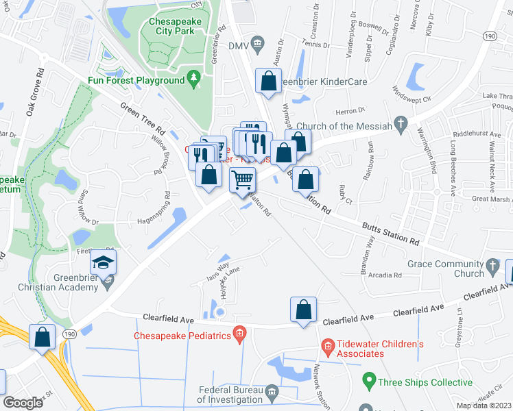 map of restaurants, bars, coffee shops, grocery stores, and more near 113 Walton Road in Chesapeake