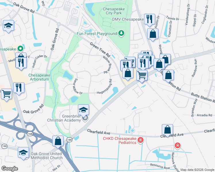map of restaurants, bars, coffee shops, grocery stores, and more near 512 King Maple Court in Chesapeake