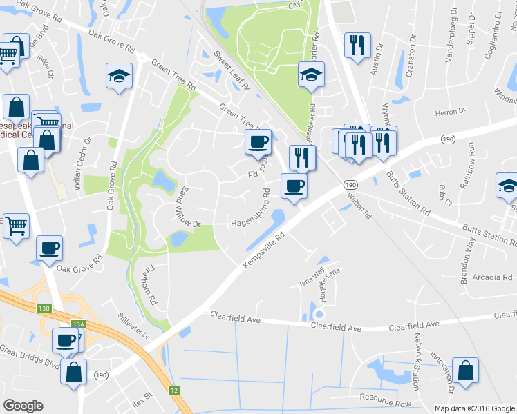 map of restaurants, bars, coffee shops, grocery stores, and more near 512 King Maple Court in Chesapeake