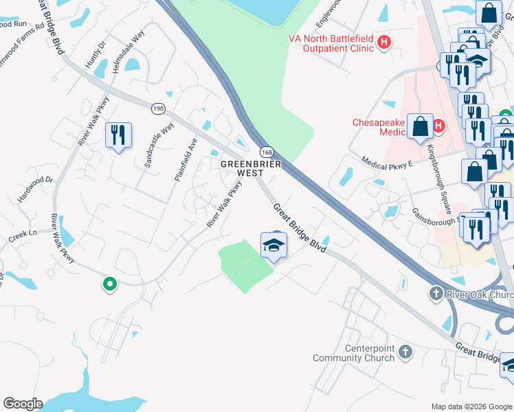 map of restaurants, bars, coffee shops, grocery stores, and more near 516 Virginia 190 in Chesapeake