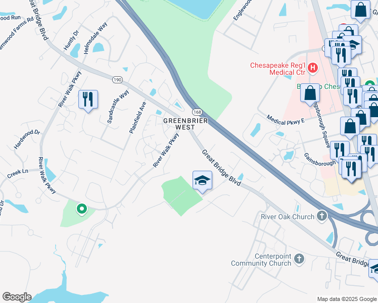 map of restaurants, bars, coffee shops, grocery stores, and more near 516 Virginia 190 in Chesapeake