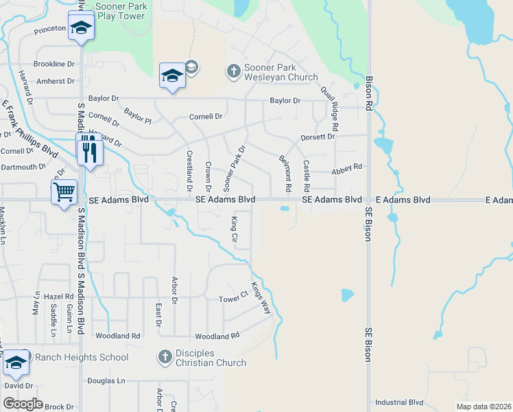 map of restaurants, bars, coffee shops, grocery stores, and more near 6325 Kings Drive in Bartlesville