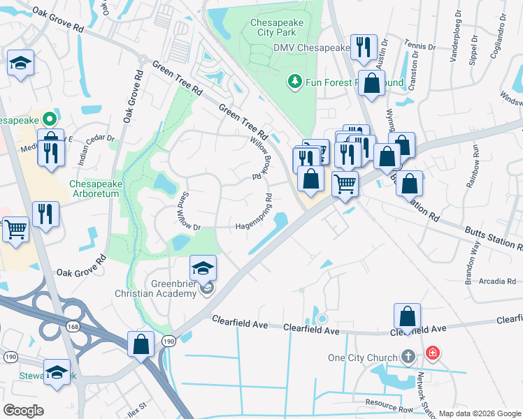 map of restaurants, bars, coffee shops, grocery stores, and more near 512 King Maple Court in Chesapeake