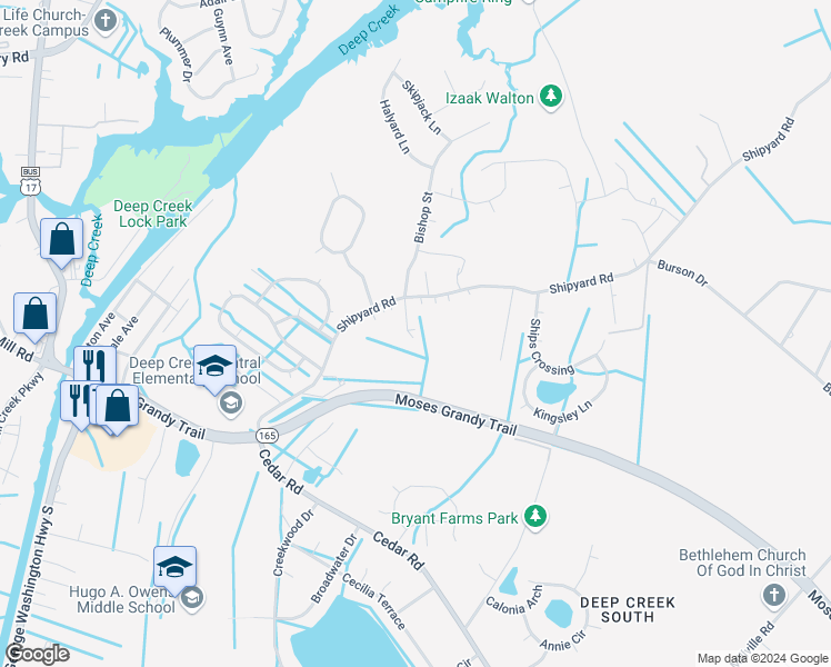 map of restaurants, bars, coffee shops, grocery stores, and more near 105 Bishops Court in Chesapeake