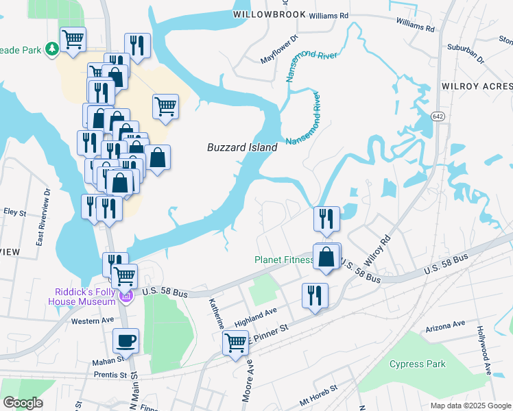 map of restaurants, bars, coffee shops, grocery stores, and more near 135 River Point Drive in Suffolk