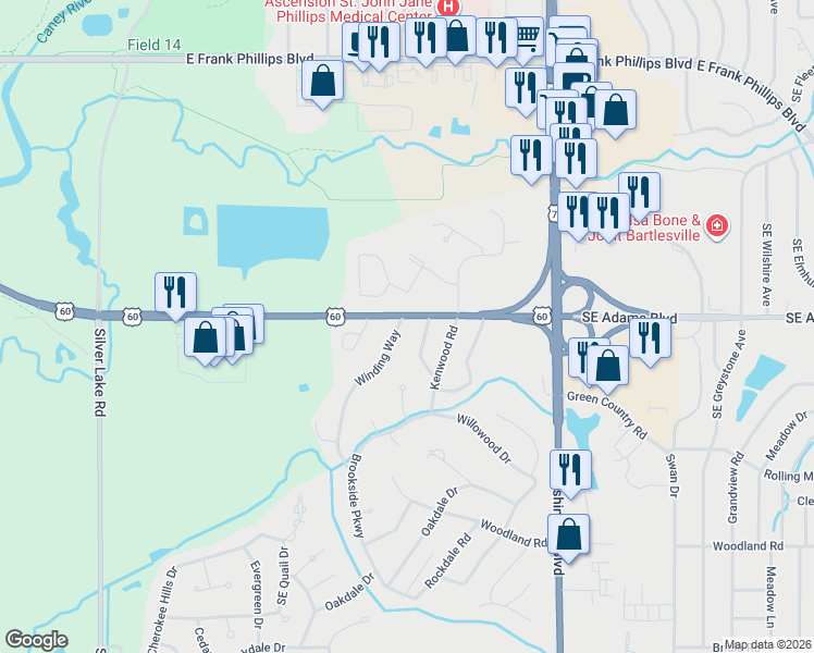 map of restaurants, bars, coffee shops, grocery stores, and more near 700 Winding Way in Bartlesville