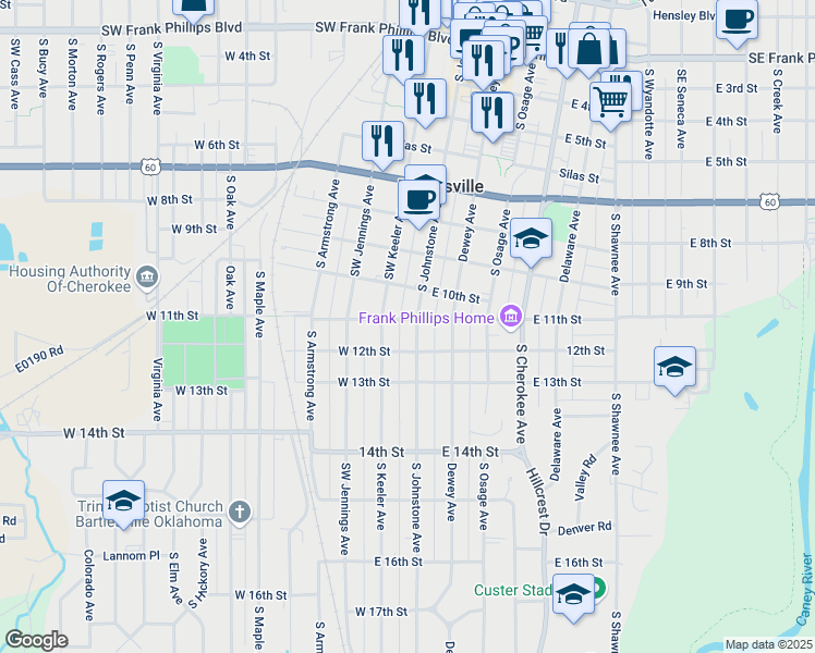 map of restaurants, bars, coffee shops, grocery stores, and more near 113 East 11th Street in Bartlesville