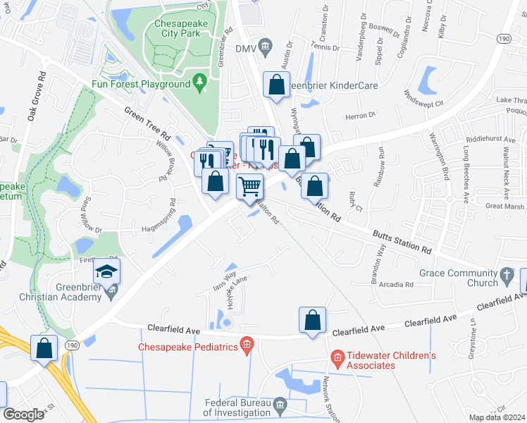 map of restaurants, bars, coffee shops, grocery stores, and more near 113 Walton Road in Chesapeake