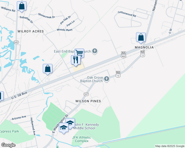map of restaurants, bars, coffee shops, grocery stores, and more near 2620 Riddick Drive in Suffolk