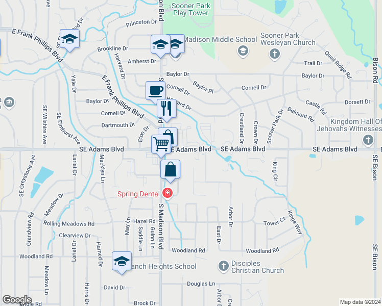 map of restaurants, bars, coffee shops, grocery stores, and more near 5615 Southeast Adams Boulevard in Bartlesville