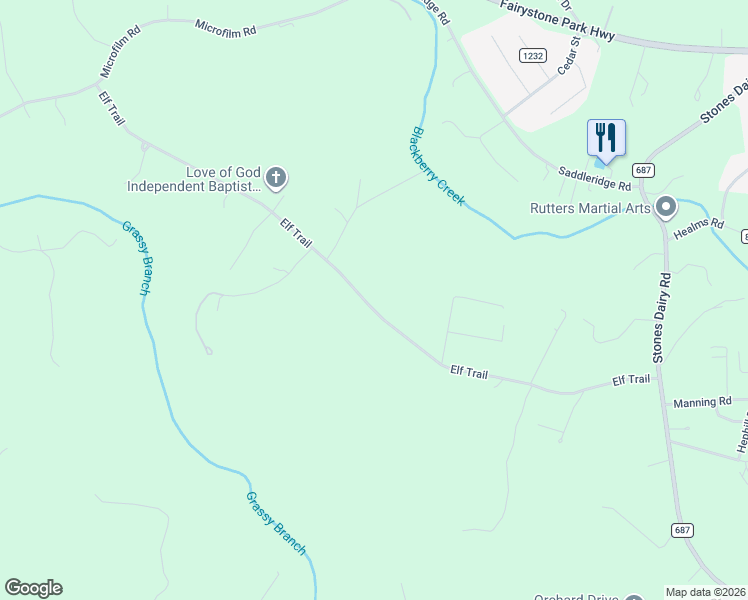 map of restaurants, bars, coffee shops, grocery stores, and more near 762 Elf Trail in Bassett