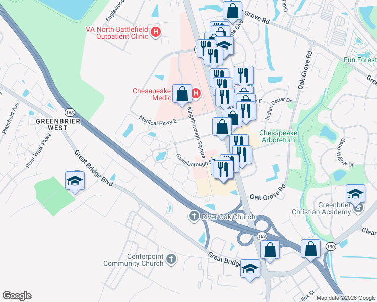map of restaurants, bars, coffee shops, grocery stores, and more near 116 Gainsborough Square in Chesapeake