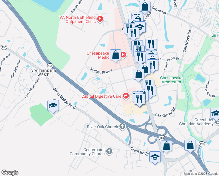 map of restaurants, bars, coffee shops, grocery stores, and more near 301 Wimbledon Chase in Chesapeake