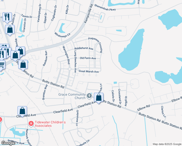 map of restaurants, bars, coffee shops, grocery stores, and more near 901 Great Marsh Avenue in Chesapeake