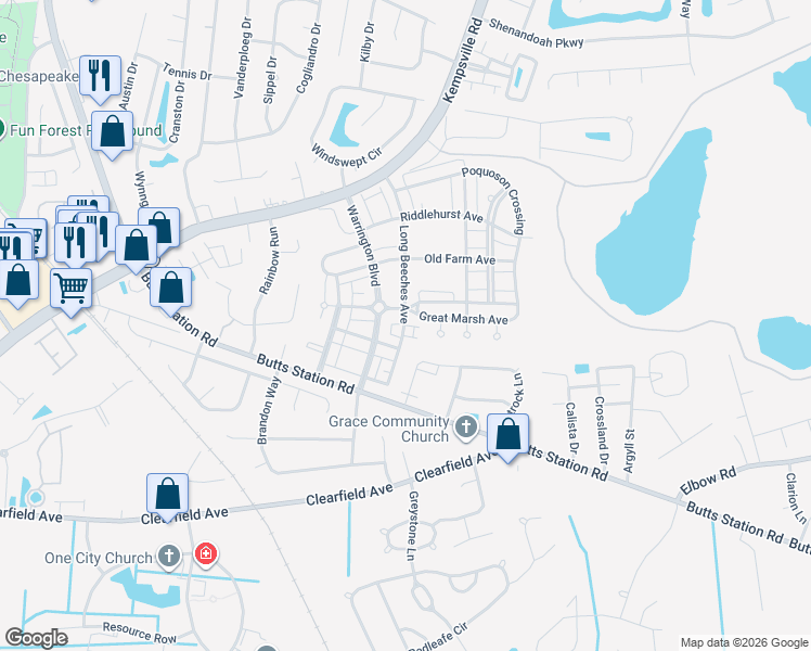 map of restaurants, bars, coffee shops, grocery stores, and more near 800 Greenwell Lane in Chesapeake