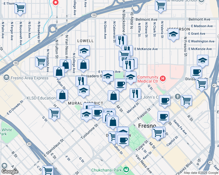 map of restaurants, bars, coffee shops, grocery stores, and more near 2336 Calaveras St in Fresno