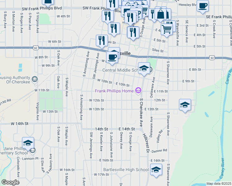 map of restaurants, bars, coffee shops, grocery stores, and more near 113 East 11th Street in Bartlesville
