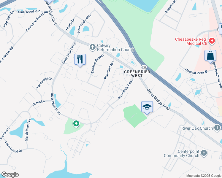 map of restaurants, bars, coffee shops, grocery stores, and more near 818 Primrose Lane in Chesapeake