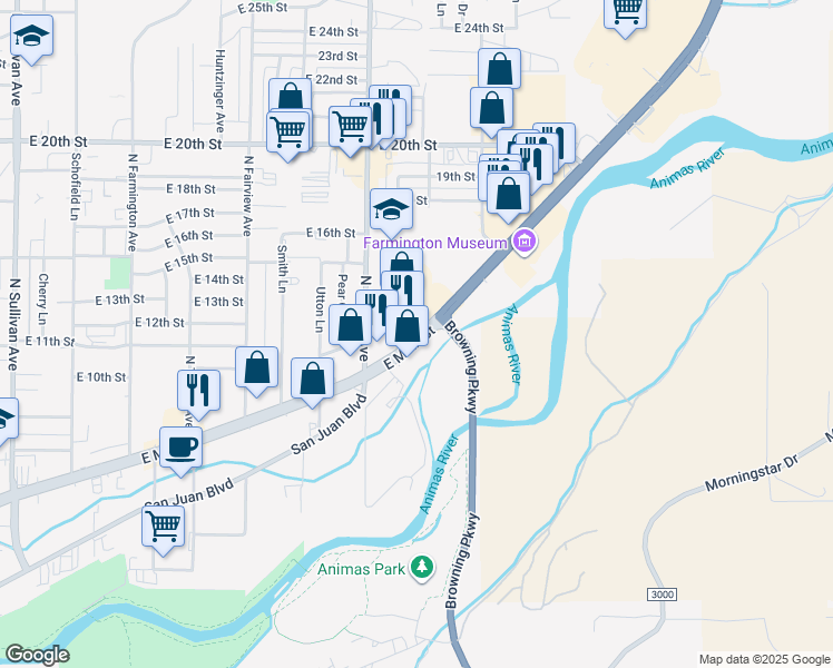 map of restaurants, bars, coffee shops, grocery stores, and more near 2800 East Main Street in Farmington