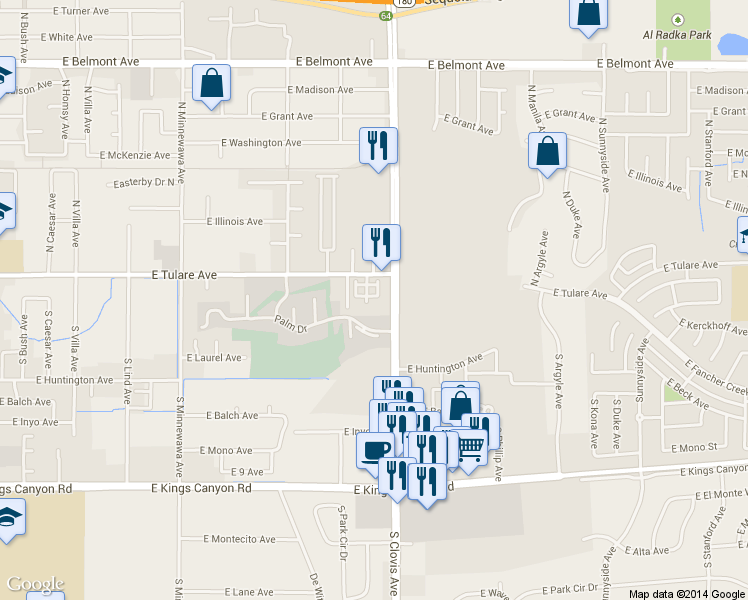 map of restaurants, bars, coffee shops, grocery stores, and more near 36 South Rogers Lane in Fresno