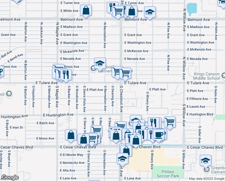 map of restaurants, bars, coffee shops, grocery stores, and more near 143 South Dearing Avenue in Fresno