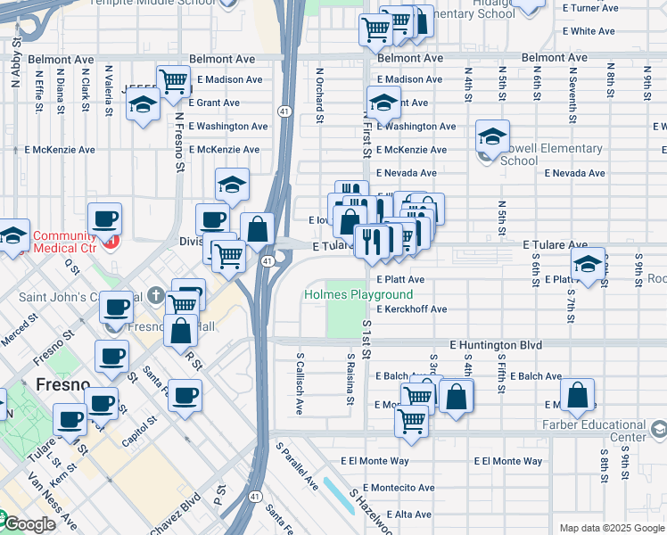 map of restaurants, bars, coffee shops, grocery stores, and more near 3031 East Platt Avenue in Fresno