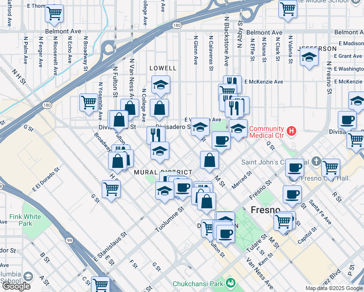 map of restaurants, bars, coffee shops, grocery stores, and more near 1619 M Street in Fresno