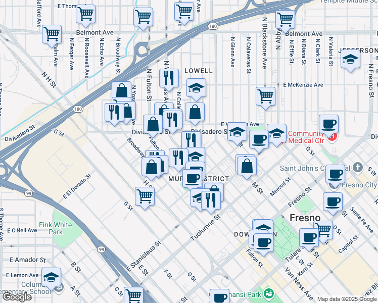 map of restaurants, bars, coffee shops, grocery stores, and more near 1762 Van Ness Avenue in Fresno