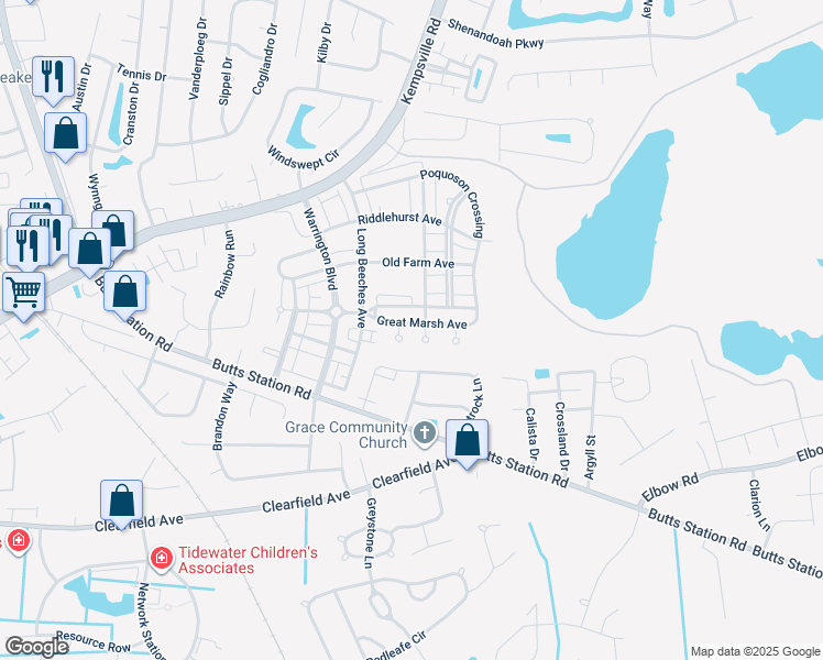 map of restaurants, bars, coffee shops, grocery stores, and more near 823 Great Marsh Avenue in Chesapeake