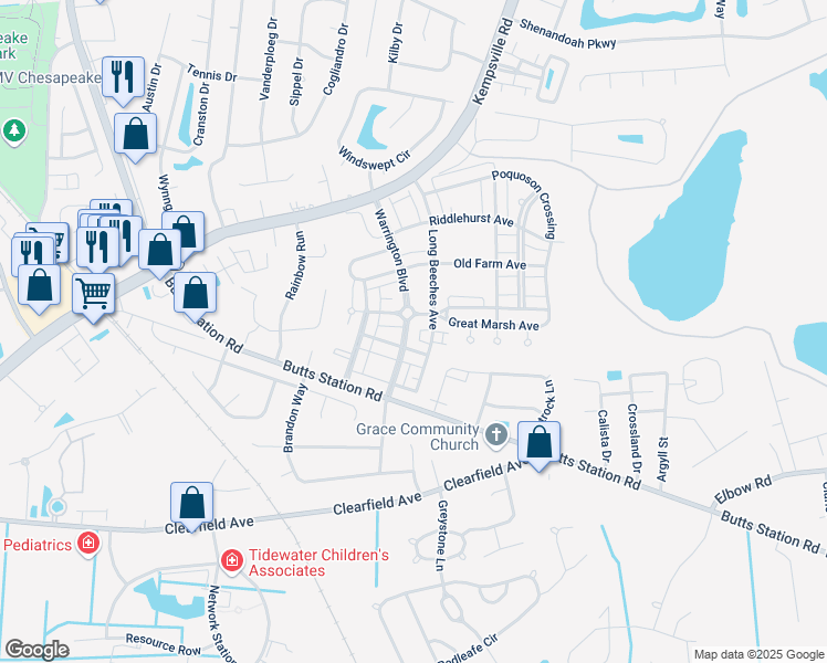 map of restaurants, bars, coffee shops, grocery stores, and more near 735 Great Marsh Avenue in Chesapeake