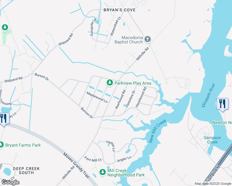 map of restaurants, bars, coffee shops, grocery stores, and more near 1929 Millville Road in Chesapeake