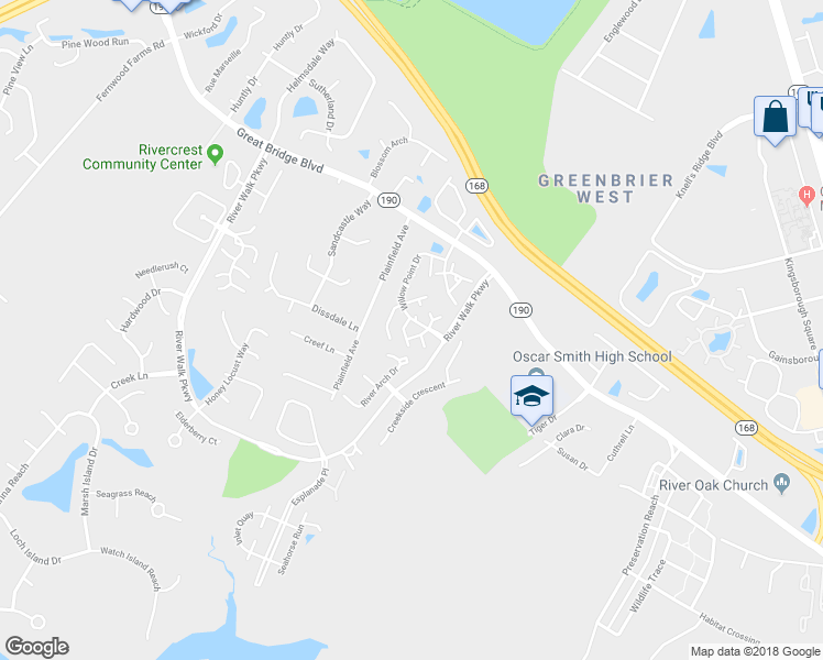 map of restaurants, bars, coffee shops, grocery stores, and more near 308 Primrose Lane in Chesapeake