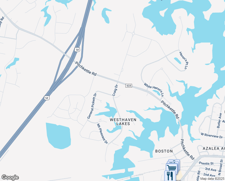 map of restaurants, bars, coffee shops, grocery stores, and more near 806 Craig Drive in Suffolk